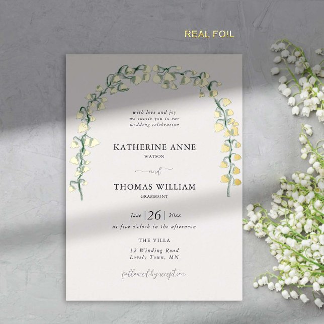 Invitation En Aluminium Boho Chic Aquarelle Lily Valley Mariage Arch Gold (spring wedding invitation card lily valley watercolor fine art hand drawn gold foil romantic boho)
