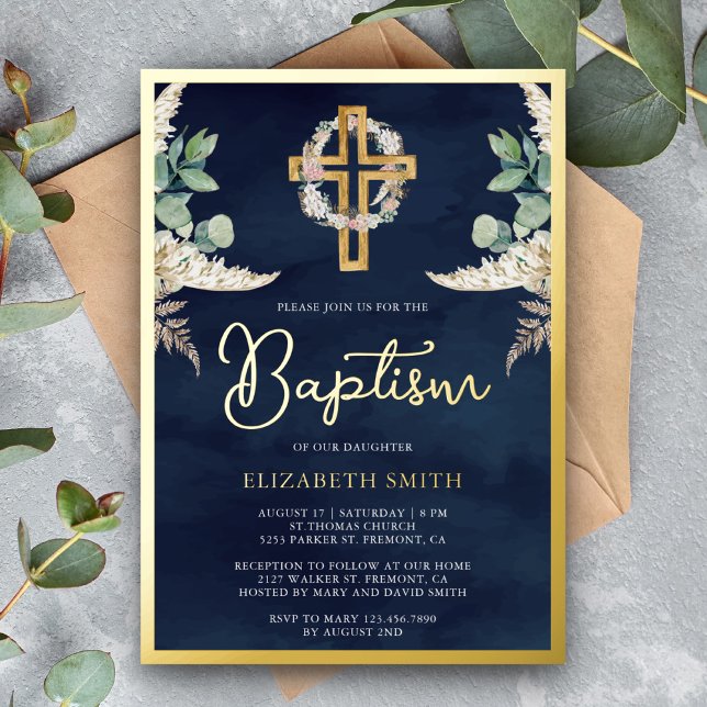 Invitation En Aluminium Boho Croix Pampas Eucalyptus Baptême Navy Or (Créateur téléchargé)