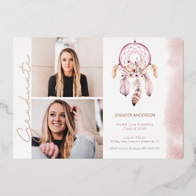 Invitation En Aluminium Boho Dream Catcher Rose Script Photo Graduation (Recto)