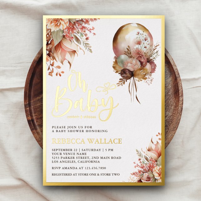 Invitation En Aluminium Boho Earthy Floral Balloon fille Baby shower or (Créateur téléchargé)