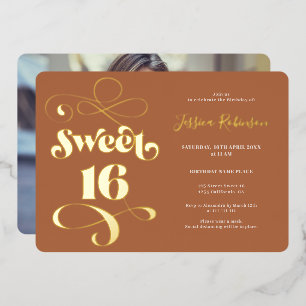 Invitation En Aluminium Boho en terre cuite retro script photo Sweet 16