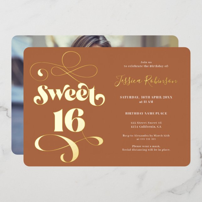 Invitation En Aluminium Boho en terre cuite retro script photo Sweet 16 (Recto/Verso)