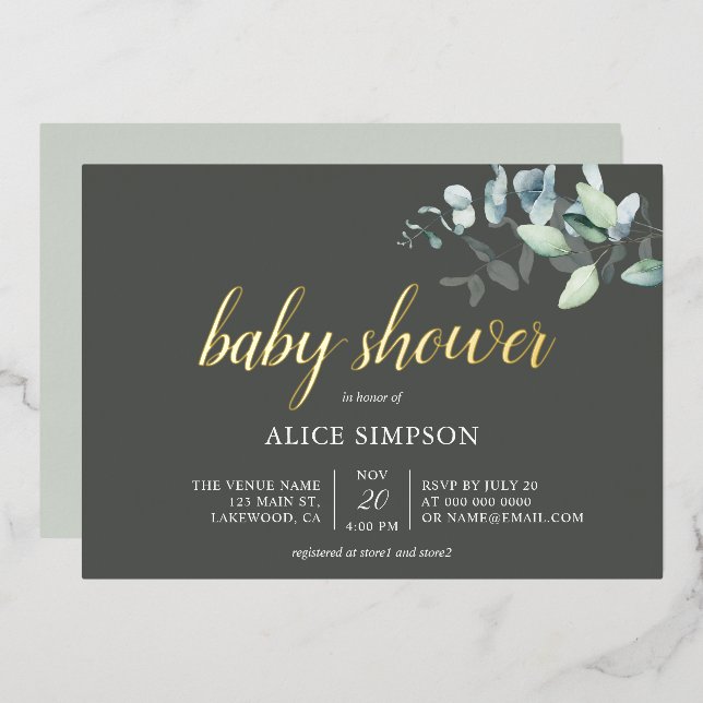 Invitation En Aluminium Boho Eucalyptus Feuille Baby shower Foil Invitatio (Recto/Verso)