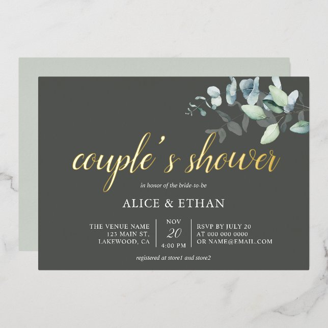 Invitation En Aluminium Boho Eucalyptus Feuilles Couples Douche Foil Invit (Recto/Verso)