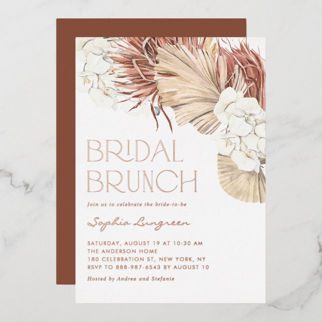 Invitation En Aluminium Boho Feuilles de Palmier Séchées et Orchidées Brun (Recto/Verso)