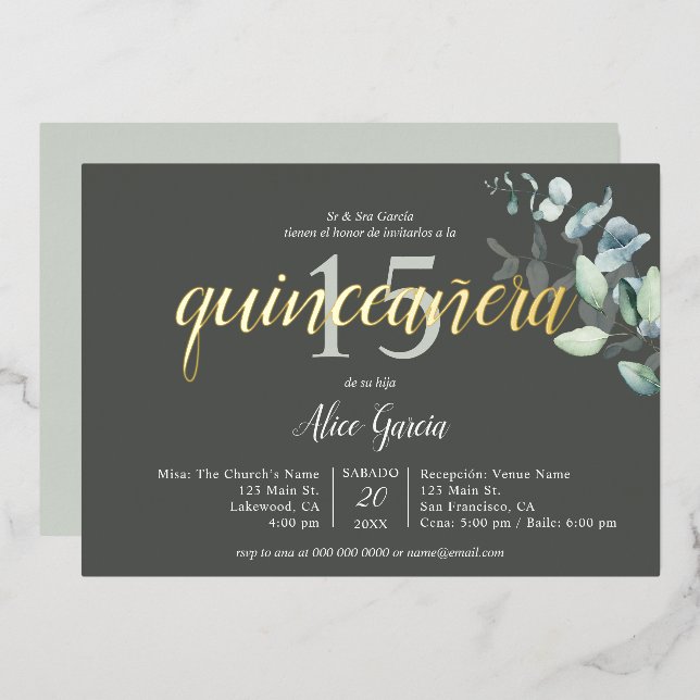 Invitation En Aluminium Boho Feuilles d'Eucalyptus Quinceanera (Recto/Verso)