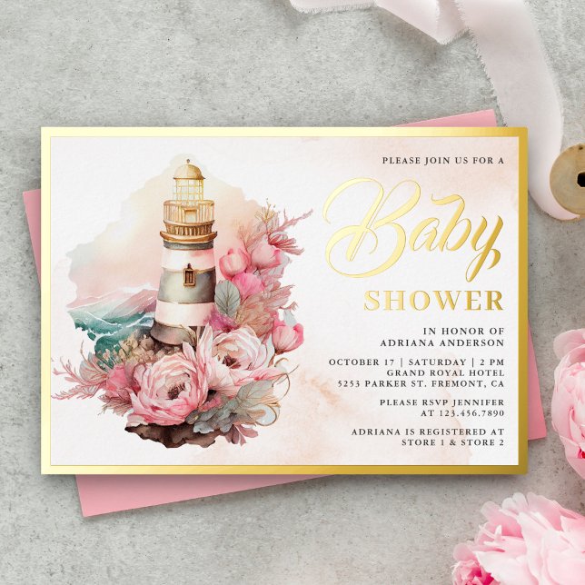 Invitation En Aluminium Boho Floral Phare Baby shower marin Or (Créateur téléchargé)
