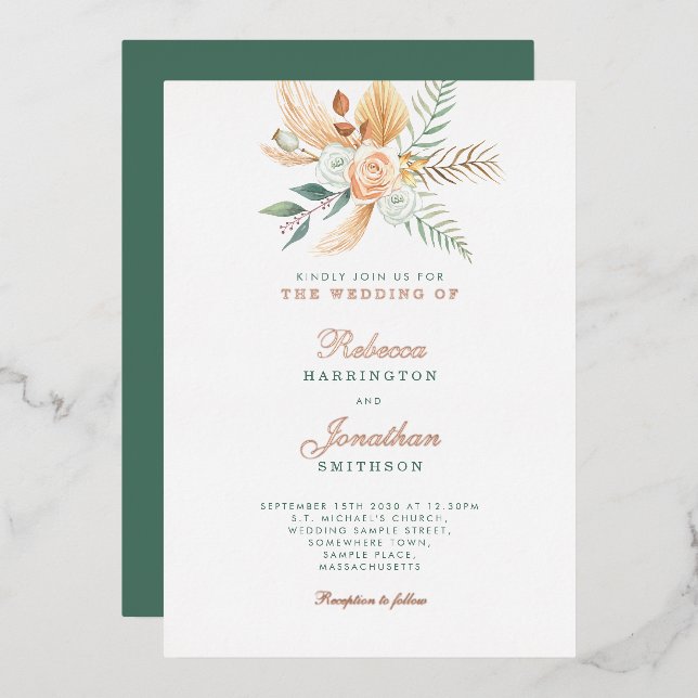 Invitation En Aluminium Boho Floral Rustique Vert Mariage en bronze or (Recto/Verso)