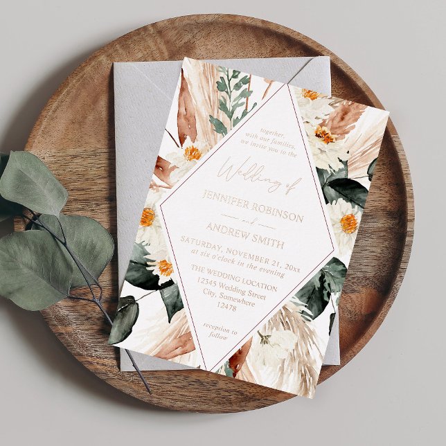 Invitation En Aluminium Boho LG Texte Boho Cuivre Pampas Mariage Floral 3 (Créateur téléchargé)