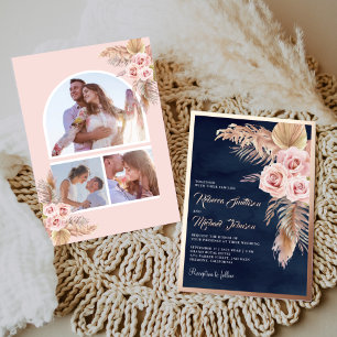 Invitation En Aluminium Boho Pampas Bleu Nuit Rose Poussiéreuse Mariage Or