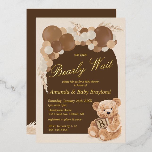 Invitation En Aluminium Boho Pampas Grass Teddy Bear Baby shower (Recto/Verso)