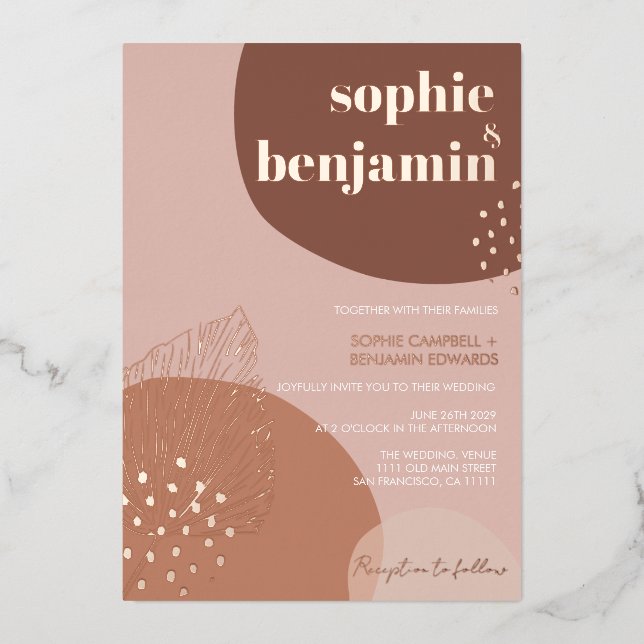 Invitation En Aluminium Boho Retro Moderne Terracotta Mariage Rose Or (Recto)