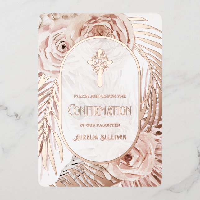 Invitation En Aluminium Boho Roses Floral Cross Confirmation (Recto)
