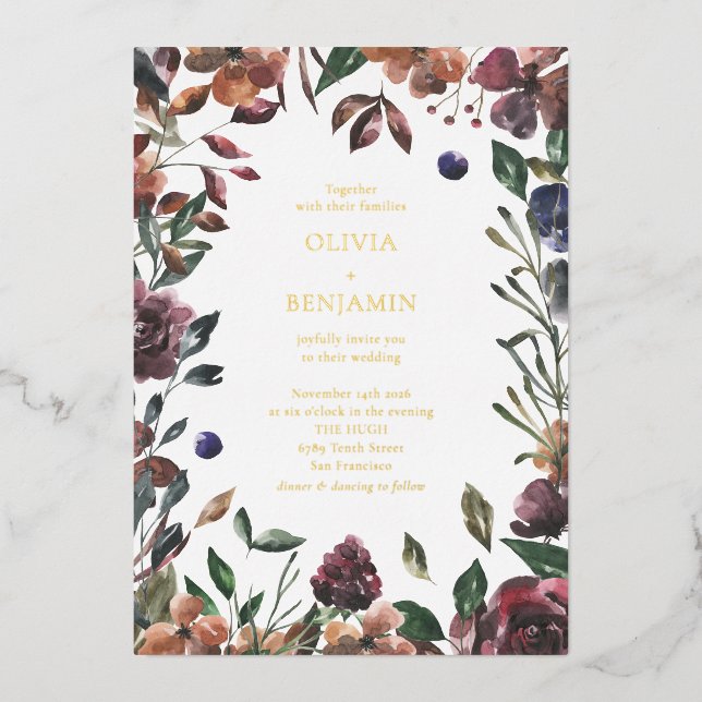 Invitation En Aluminium Boho Rustique Botanique Bordeaux Bordure Mariage  (Recto)