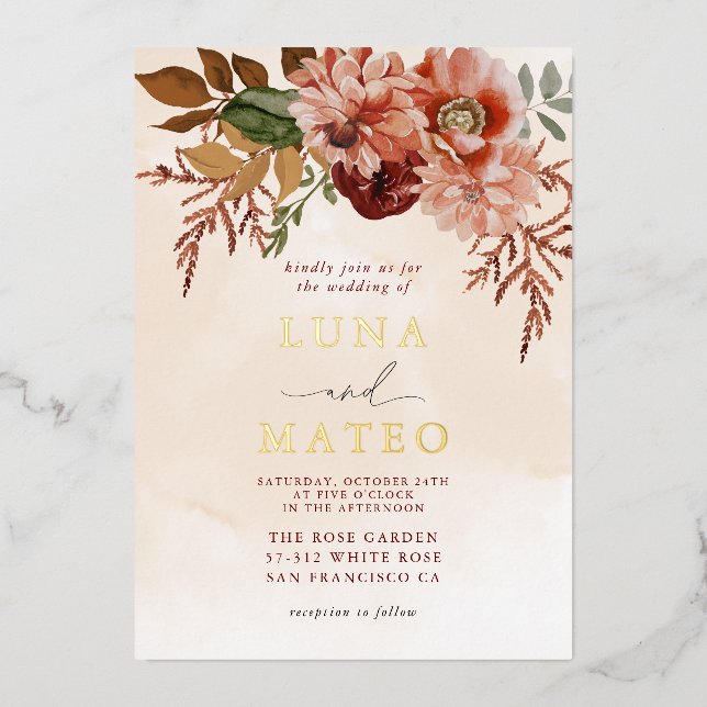 Invitation En Aluminium Boho Terracotta et Burgundy Fall Floral Mariage (Recto)