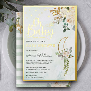 Invitation En Aluminium Boho Vert Sauge Ivoire Floral Lune Baby Shower Or