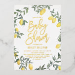 Invitation En Aluminium Boho Watercolor Lemon Wreath Baby shower<br><div class="desc">Invités Invitations à votre événement avec cette invitation à baby shower pressée personnalisable en feuille d'or. Il comporte une couronne de citron aquarelle. Personnalisez cette invitation au baby shower citron en ajoutant le nom du célébrant, l'heure de l'événement, le lieu et d'autres détails. Cette invitation au baby shower de couronnes...</div>