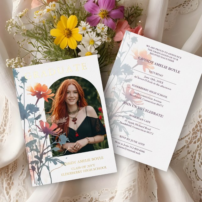 Invitation En Aluminium Boho Wildflowers Bunch Photo Modern Arch Graduate (Boho Wildflowers Bunch Photo Modern Arch Frame Graduate Real Golden Metallic Foil Invitation Card.)