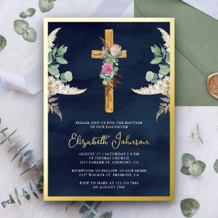 Invitation En Aluminium Bois Croix Bohème Pampas Eucalyptus Marine Baptême