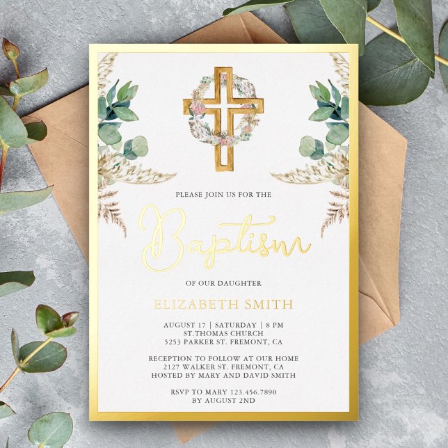 Invitation En Aluminium Bois Croix Boho Pampas Eucalyptus Baptême Or (Créateur téléchargé)