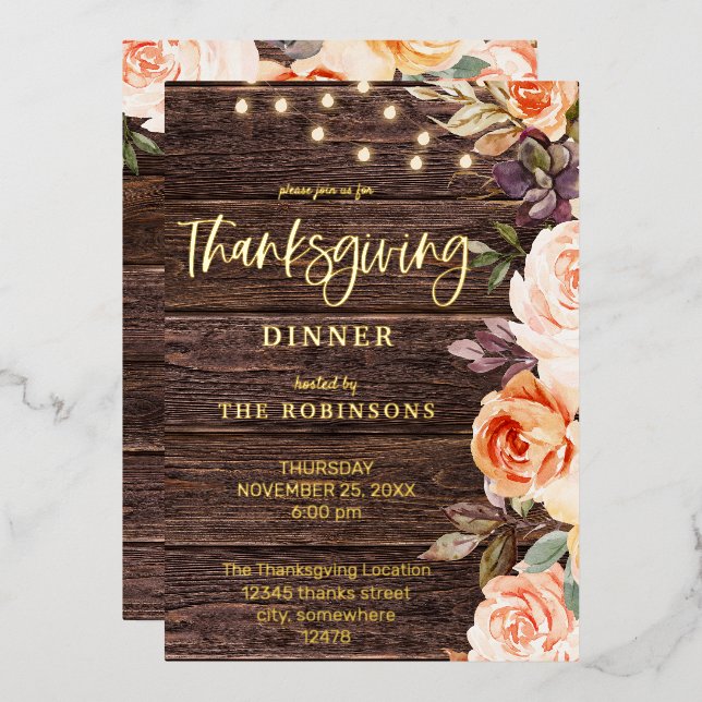 Invitation En Aluminium Bois rose & Pêche Floral avec/ Lumières Thanksgivi (Recto/Verso)