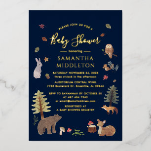 Invitation En Aluminium Bois Rustique Animaux Chute Baby shower Or