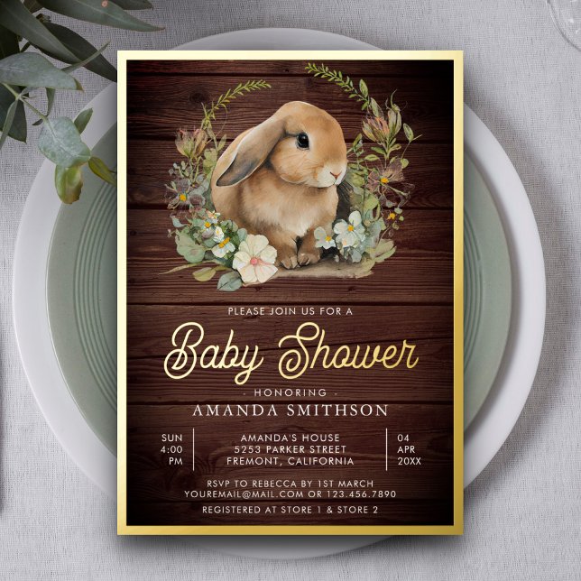 Invitation En Aluminium Bois rustique Cute Bunny Baby shower Floral Or (Créateur téléchargé)