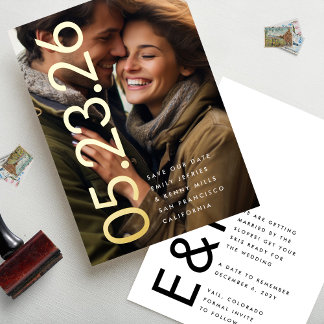 Invitation En Aluminium Bold Modern Gold DATE Photo Enregistrer la date
