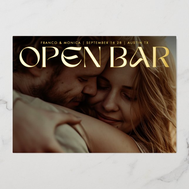 Invitation En Aluminium Bold Retro Open Bar Photo Save The Date Gold (Recto)