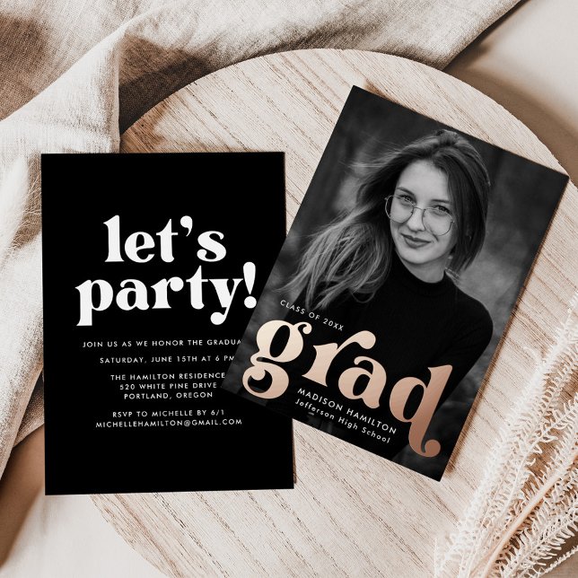 Invitation En Aluminium Bold Rose Gold Typography Photo Graduation Party (Créateur téléchargé)