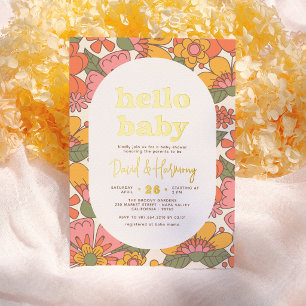 Invitation En Aluminium Bonjour Bébé   Floral Rétro Groovy Shower de Bébé 