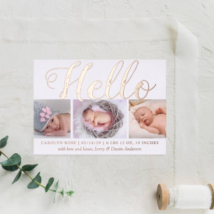 Invitation En Aluminium "Bonjour" Vrai Naissance 3 Photo Annonce avec Feui