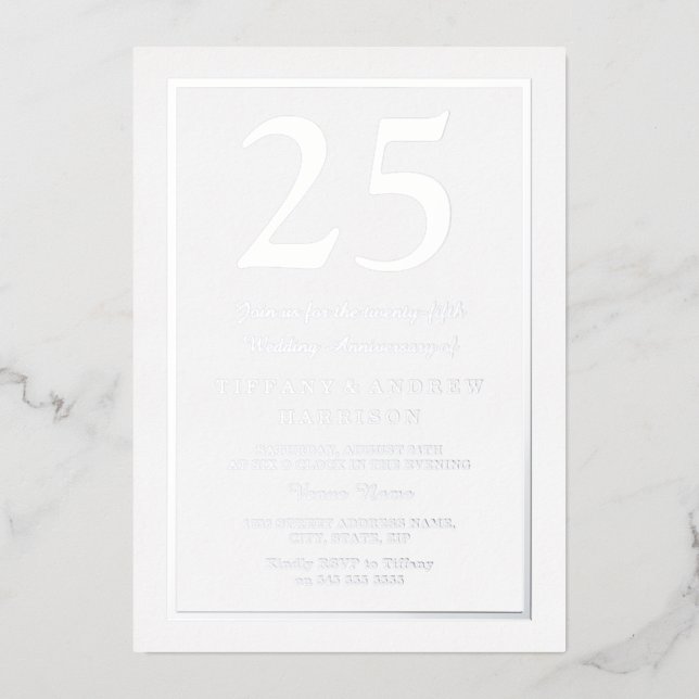 Invitation En Aluminium Bordure argent 25e anniversaire de mariage Argent (Recto)