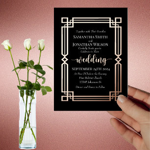 Invitation En Aluminium Bordure Élégante en Or Rose sur Mariage Réel Noir