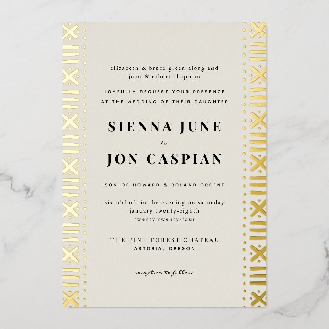 Invitation En Aluminium Bordure en mudcloth écru boho (Recto)