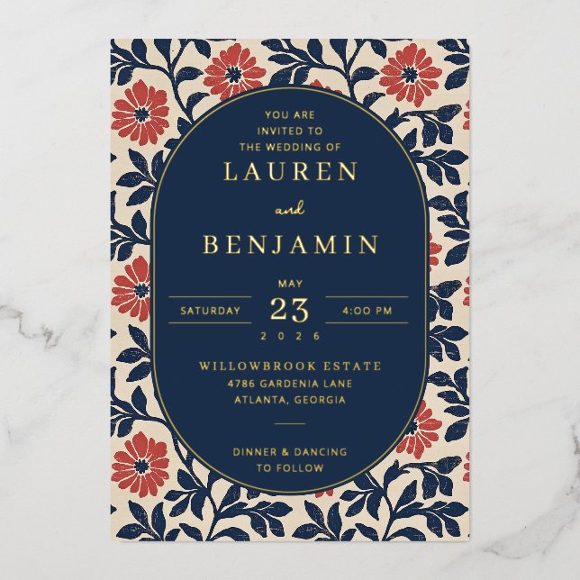 Invitation En Aluminium Bordure Florale Élégante Navy (Recto)