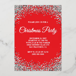 Invitation En Aluminium Bordure Pailletée Argent Rouge Fête de Noël