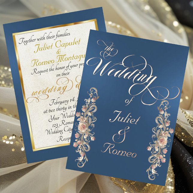 Invitation En Aluminium Bordures d'arcs de rose et calligraphie - Bleu (Créateur téléchargé)
