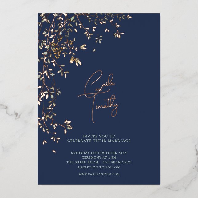 Invitation En Aluminium Botanical Caligraphy Wedding Navy Blue (Recto)