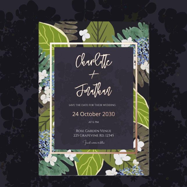 Invitation En Aluminium Botanical Leaf and Hydrangea Petals Save The Date (Créateur téléchargé)