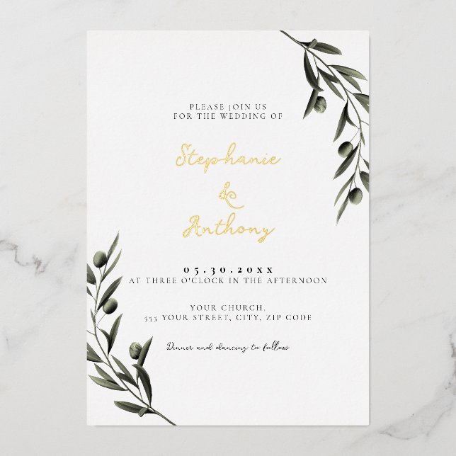 Invitation En Aluminium Botanique Olive Branch Feuille Mariage italien (Recto)