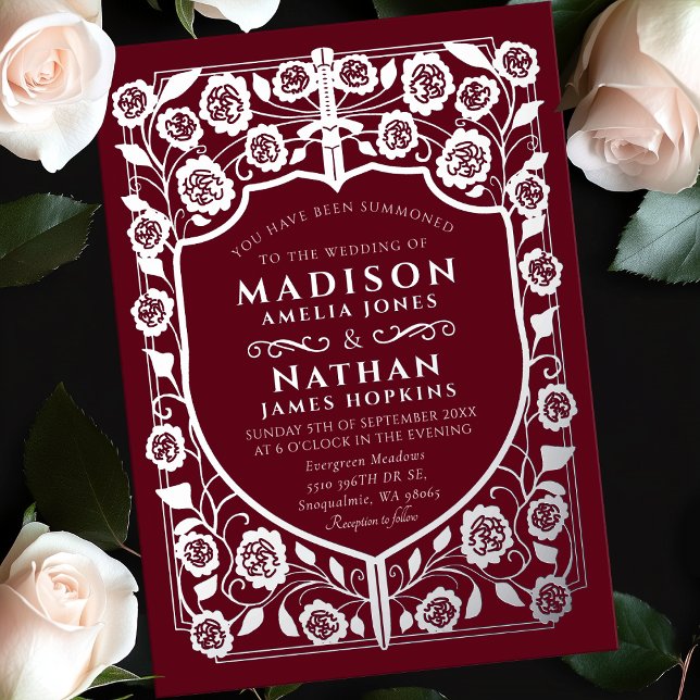 Invitation En Aluminium Bouclier d'épée rouge Monogramme médiéval Mariage (Créateur téléchargé)