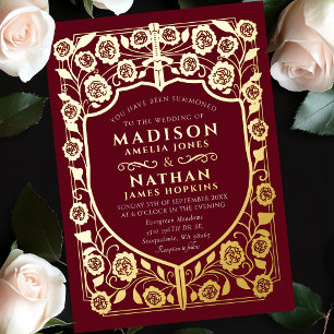 Invitation En Aluminium Bouclier Épée Rouge Monogramme Médiéval Mariage