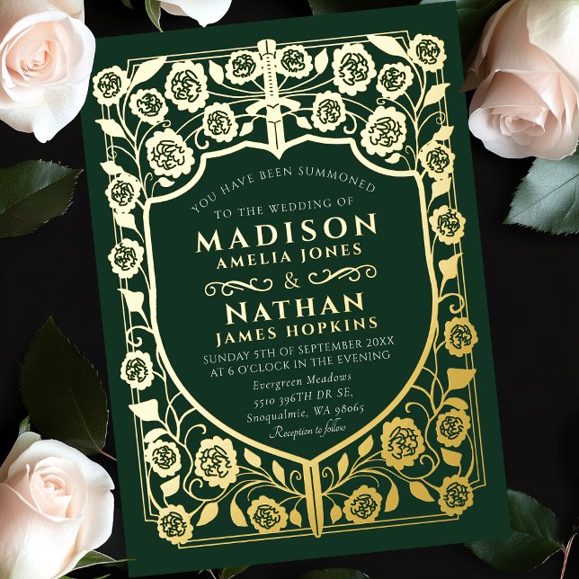 Invitation En Aluminium Bouclier Épée Verte Monogramme Médiéval Mariage (Créateur téléchargé)