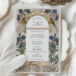 Invitation En Aluminium Bougainvillea Bleu Nuit Or Mariage Art Nouveau
