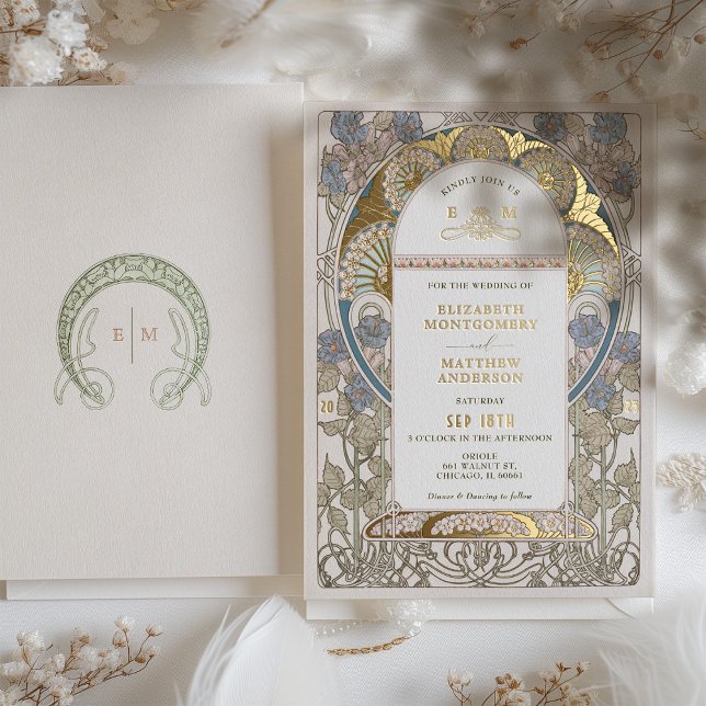 Invitation En Aluminium Bougainvillea Blue Gold Mariage Art Nouveau Mucha (Créateur téléchargé)