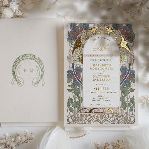 Invitation En Aluminium Bougainvillea Bourgogne Bleu Mariage Art Nouveau