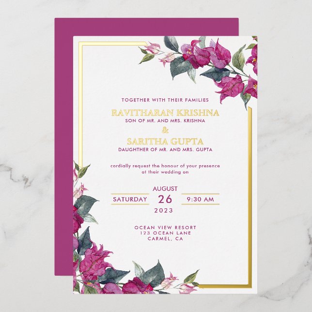 Invitation En Aluminium Bougainvillea Bourgogne Mariage rose (Recto/Verso)