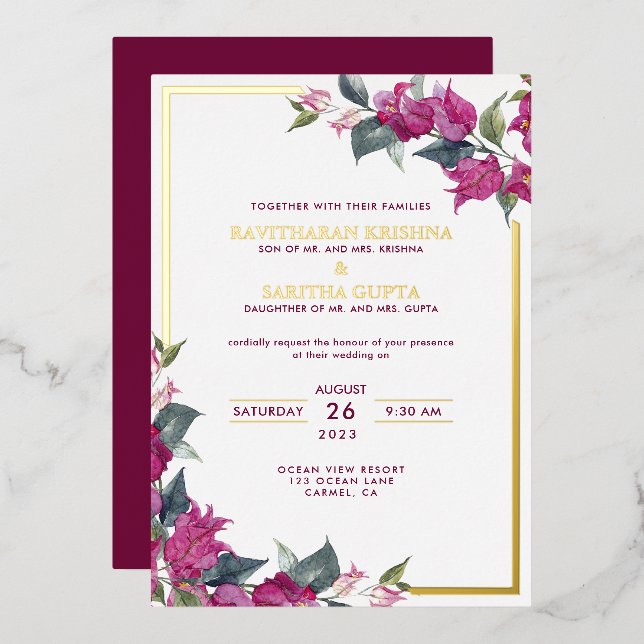 Invitation En Aluminium Bougainvillea Bourgogne Mariage rose (Recto/Verso)