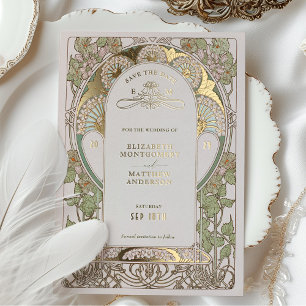 Invitation En Aluminium Bougainvillea Enregistrez la Date Vert Or Art Nouv